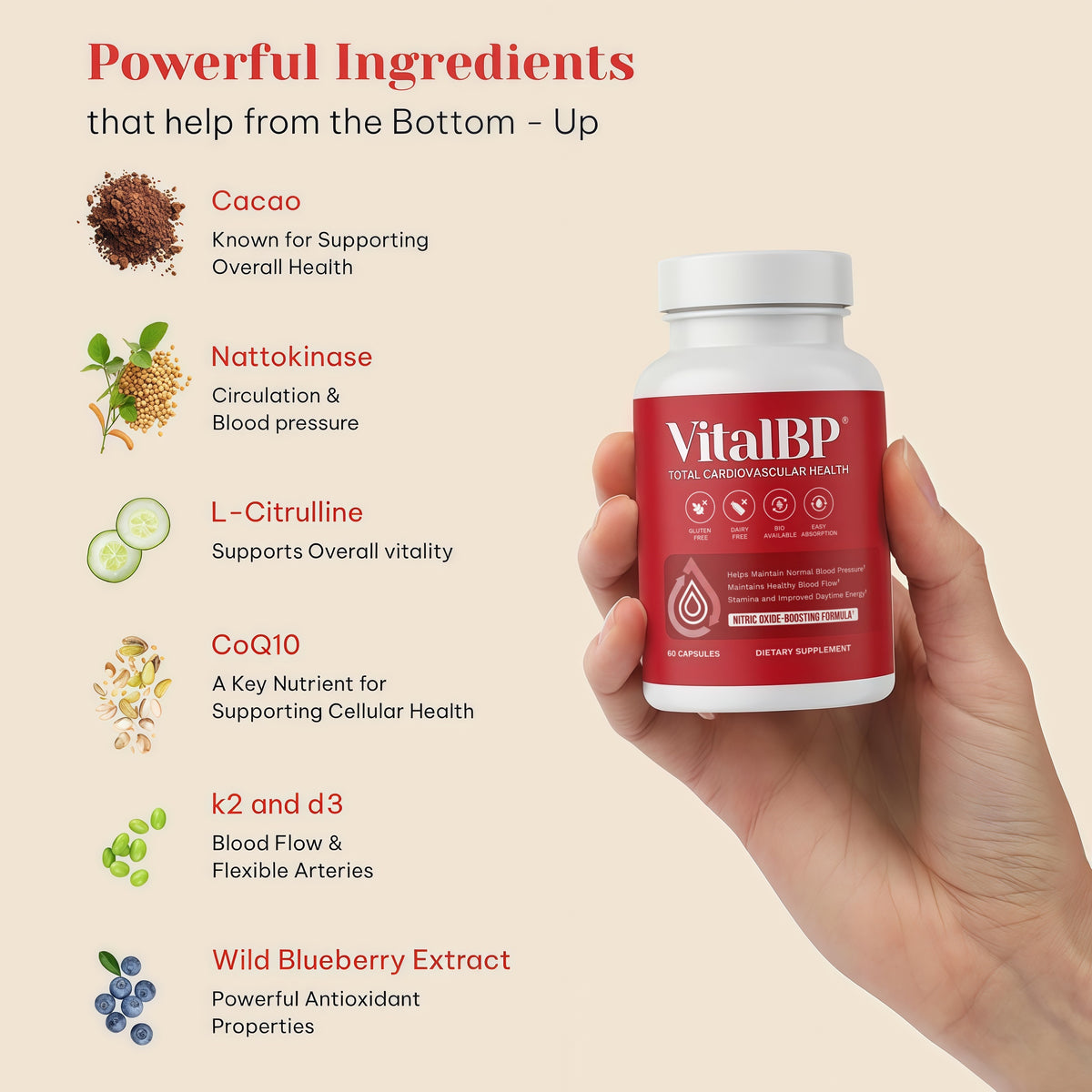 VitalBP Blood Pressure, Blood Flow & Artery Support, CoQ10, K2 & D3, 60Caps