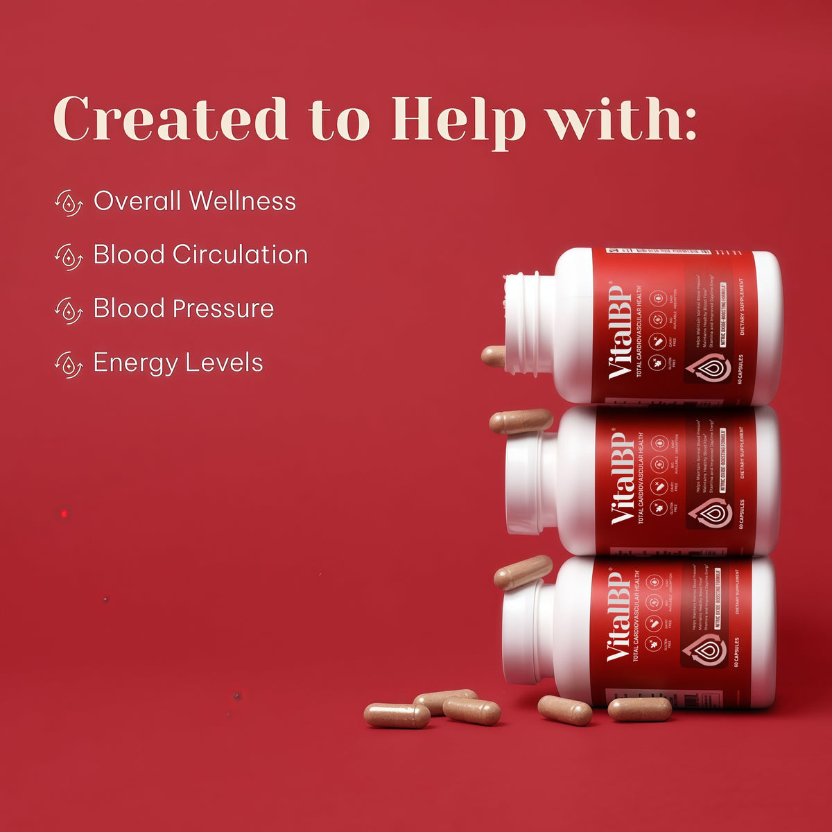 VitalBP Blood Pressure, Blood Flow & Artery Support, CoQ10, K2 & D3, 60Caps
