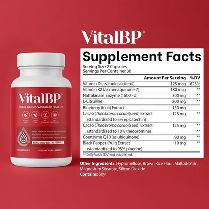 VitalBP Blood Pressure, Blood Flow & Artery Support, CoQ10, K2 & D3, 60Caps